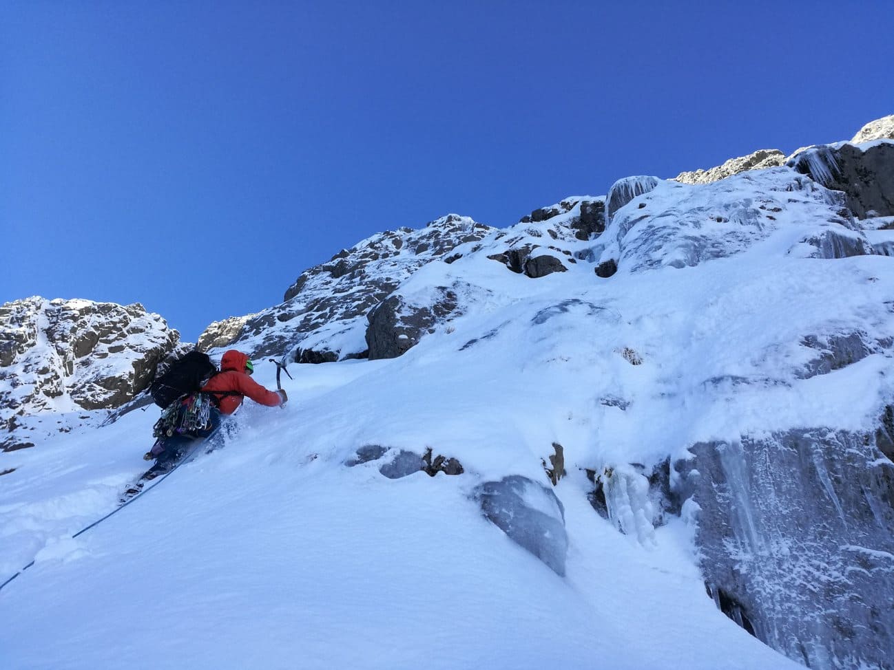 Fighting through deep steep snow on the ramp